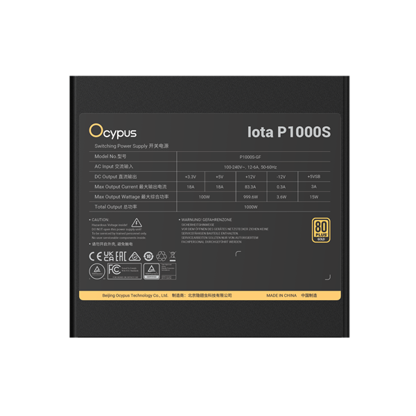 Фото Ocypus Iota P1000S, 1000W, APFC, 80+ Gold, ATX 3.1, Fully Modular, 120mm Fan, Taiwan capacitors (P1000S-GF)