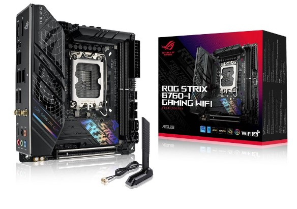 Фото ASUS ROG STRIX B760-I GAMING WIFI, LGA1700, B760, 2*DDR5, 4*SATA, 2*M.2, 3*USB 3.2, 3*USB 2.0, Type-C, 1*PCIx16, DP+HDMI, mITX; 90MB1D90-M1EAY0