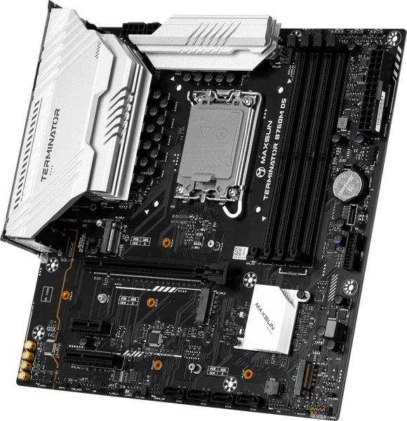 Фото MAXSUN MS-Terminator B760M D5 V2, LGA1700, B760, 4*DDR5, 4*SATA3, 3*M.2, 2*USB 3.2, 3*USB 2.0, 1*PCIEx16, 1*PCIEx4, 1*PCIEx1, DP+HDMI, mATX