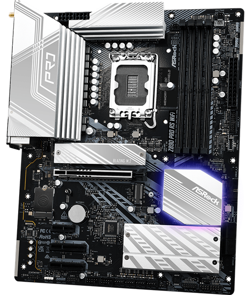 Фото ASROCK Z890 PRO RS WIFI, LGA1851, Z890, 4*DDR5, 4*SATA, 4*M.2, 3*USB 3.2, 4*USB 2.0, 2*Type-C, 1*PCIx16, 2*PCIx4, 1*M.2 (Key E), HDMI+DP, ATX