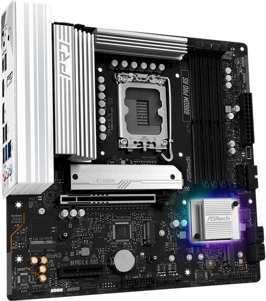 Фото ASROCK B860M PRO RS, LGA1851, B860, 4*DDR5, 4*SATA, 4*M.2, 6*USB 3.2, 2*USB 2.0, Type-C, 2*PCIx16, 1*M.2 (Key E), HDMI+DP, mATX