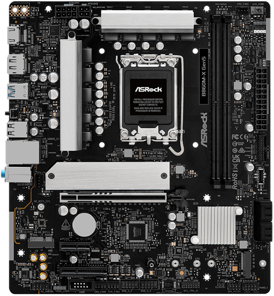 Фото ASROCK B860M-X Gen5, LGA1851, B860, 2*DDR5, 4*SATA, 2*M.2, 3*USB 3.2, 2*USB 2.0, Type-C, 2*PCIx16, 1*M.2 (Key E), HDMI+DP, mATX