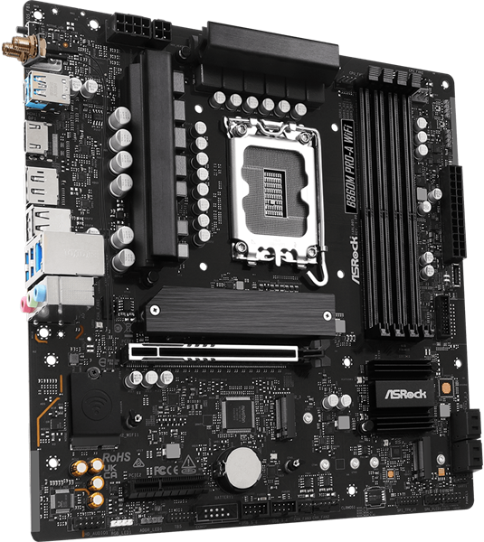 Фото ASROCK B860M PRO-A WIFI, LGA1851, B860, 4*DDR5, 4*SATA, 4*M.2, 6*USB 3.2, 2*USB 2.0, Type-C, 2*PCIx16, 1*M.2 (Key E), HDMI+DP, mATX