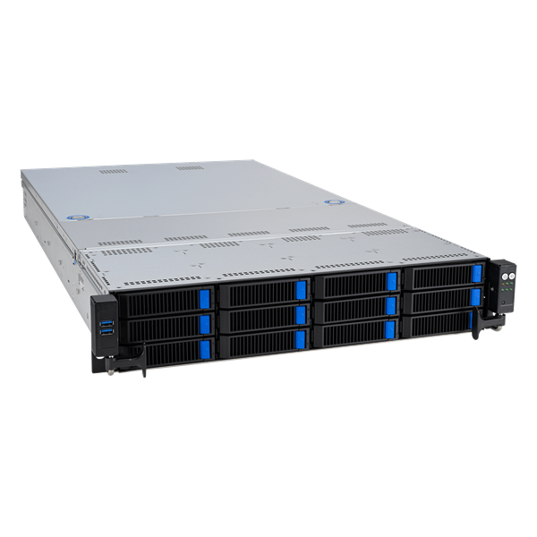 Фото ASUS RS520A-E12-RS12U: 2U, 1x AMD EPYC 9004 SP5, 24x DDR5 RDIMM, 12x NVMe, 2x rear 2.5 SATA, 5x PCIe 5.0, 2x M.2, OCP 3.0, up to 2x dual-slot GPU, 2x 1600W PSU