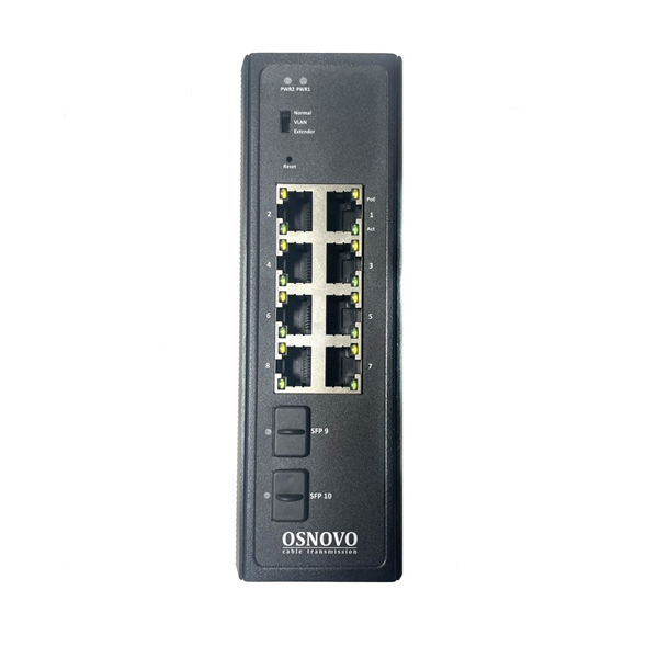 Фото OSNOVO SW-80802-IM(port 90W,360W) Промышленный Web-управляемый PoE коммутатор Gigabit Ethernet на 10 портов с функцией мониторинга температуры/влажности. Порты: 2 x GE (10/100/1000BASE-T) с PoE (до 9