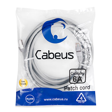 Патч-корд S/FTP, категория 6а (10G), 2xRJ45/8p8c, серый, LSZH, 5м Cabeus PC-SSTP-RJ45-Cat.6a-5m-LSZH Патч-корд S/FTP, категория 6а (10G), 2xRJ45/8p8c, экранированный, серый, LSZH, 5м