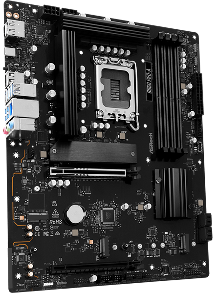 Фото ASROCK B860 PRO-A, LGA1851, B860, 4*DDR5, 4*SATA, 4*M.2, 6*USB 3.2, 2*USB 2.0, Type-C, 2*PCIx16, 1*M.2 (Key E), HDMI+DP, ATX