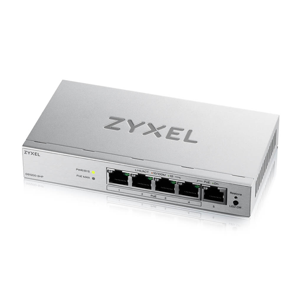 Фото Web Smart L2 коммутатор Zyxel GS1200-5HPv3, 5xGE (4xPoE+), бюджет PoE 68 Вт, настольный, бесшумный