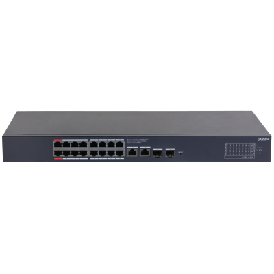 Фото DAHUA 16-портовый гигабитный PoE коммутатор с функцией облачного управления Порты: 16 RJ45 10/100/1000Мбит/с (PoE/PoE+/Hi-PoE), 2 RJ45 10/100/1000Мбит/с (uplink), 2 SFP 1000Мбит/с (uplink); мощность