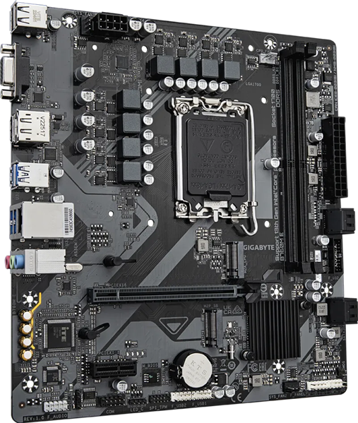 Фото GIGABYTE B760M E, LGA1700, B760, 2*DDR5, 4*SATA, 2*M.2, 4*USB 3.2, 2*USB 2.0, 1*PCIx16, 1*PCIx1, HDMI+DP, mATX
