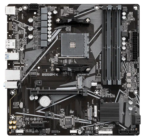 GIGABYTE B550M K, AM4, B550, 4*DDR4, 4*SATA, 2*M.2, 4*USB 3.2, 4*USB 2.0, 1*PCIx16, 1*PCIx1, HDMI+DP, mATX