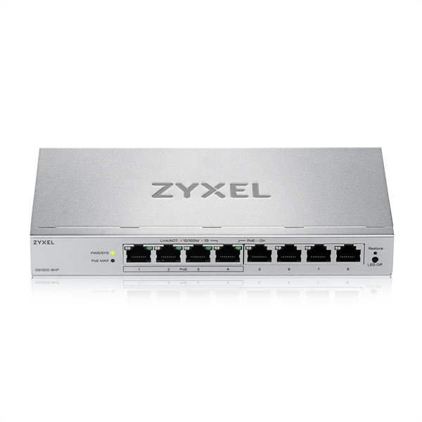 Фото Web Smart L2 коммутатор Zyxel GS1200-8HPv3, 8xGE (4xPoE+), бюджет PoE 68 Вт, настольный, бесшумный