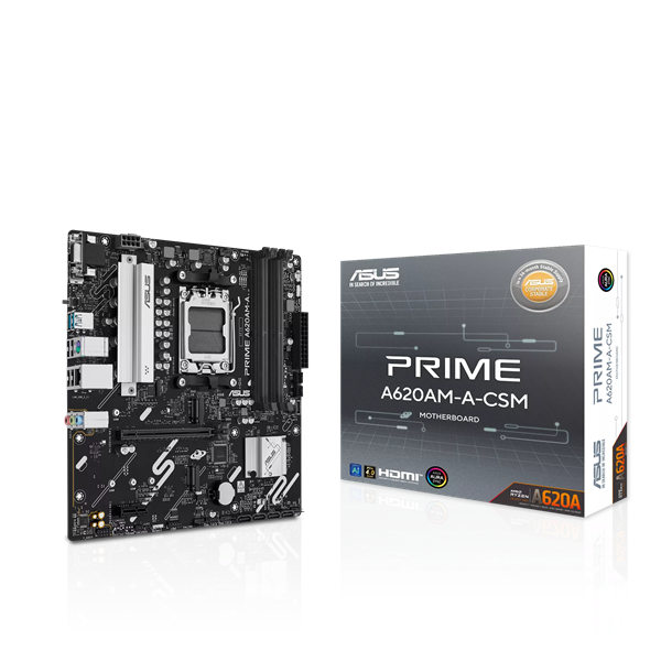 Фото ASUS PRIME A620AM-A-CSM, AM5, A620A, 4*DDR5, 4*SATA, 2*M.2, 2*USB 3.2, 4*USB 2.0, 1*PCIx16, 1*PCIx1, DP+VGA+HDMI, mATX;