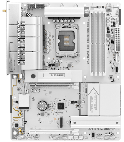 Фото ASROCK B860 Challenger WiFi White, LGA1851, B860, 4*DDR5, 4*SATA, 4*M.2, 4*USB 3.2, 2*USB 2.0, Type-C, 2*PCIx16, 1*M.2 (Key E), HDMI, ATX