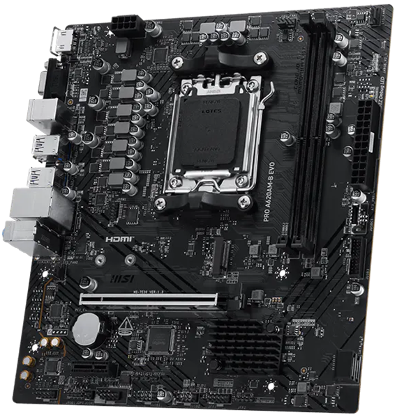 Фото MSI PRO A620AM-B EVO AM5, 2*DDR5, 1*PCIEx16, 1*PCIEx1, 1*M.2, 1*TypeC, 6*USB3.2Gen1, 6*USB2.0, 2*SATA3.0, 2.5G, VGA, HDMI, M-ATX, RTL