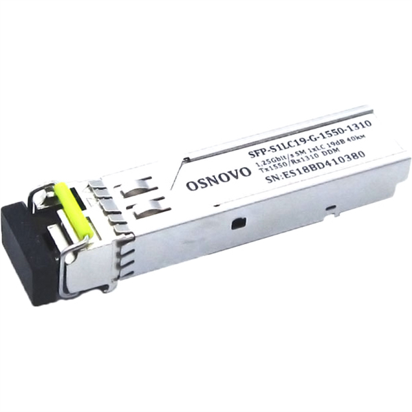OSNOVO SFP-S1LC19-G-1550-1310 Оптический SFP Модуль. Одно волокно Single Mode. Скорость: до 1,25 Гбит/c. Тип разъема: LC. Оптический бюджет: 19дБ. Расстояние передачи - до 40км. Рабочая длина волны,нм