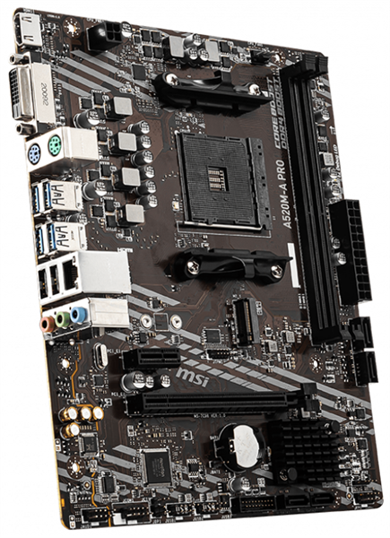 Фото MSI A520M-A PRO Soc-AM4 AMD A520 2xDDR4 mATX AC`97 8ch(7.1) GbLAN RAID+DVI+HDMI