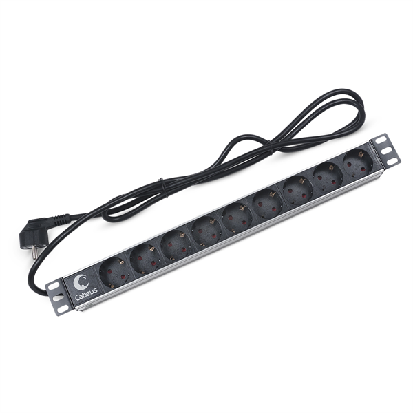 Cabeus PDU-9P-2EU Блок евророзеток для 19" шкафов, гориз., 9 розеток, 16 A, без выключателя, шнур 2м, алюминиевый корпус, немецкий стандарт