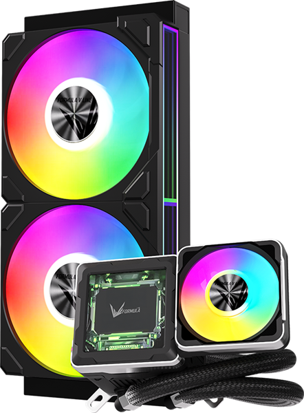 Фото Formula V Line Cryo Wing Digi 240 BK, 240mm, LCD 2.73", 2x120mm, ARGB fans, LGA115X/1200/1700/1851/1366/2011/2066, AM3/AM4/AM5/Ryzen3/Ryzen5/Ryzen7/Threadripper/RT4