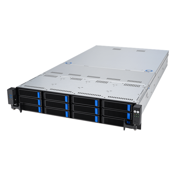 Фото ASUS RS520A-E12-RS12U: 2U, 1x AMD EPYC 9004 SP5, 24x DDR5 RDIMM, 12x NVMe, 2x rear 2.5 SATA, 5x PCIe 5.0, 2x M.2, OCP 3.0, up to 2x dual-slot GPU, 2x 1600W PSU