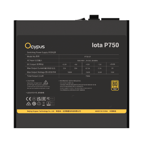 Фото Ocypus Iota P750, 750W, APFC, 80+ Gold, ATX 3.1, Fully Modular, 120mm Fan (P750-GF)