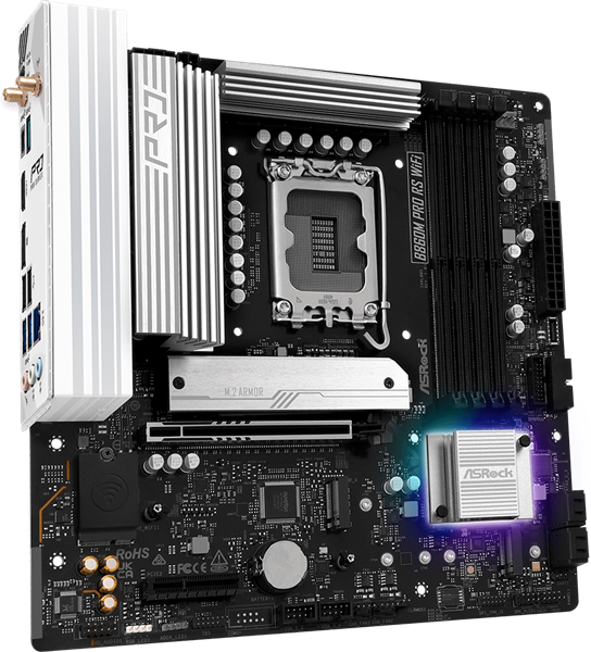 Фото ASROCK B860M PRO RS WIFI, LGA1851, B860, 4*DDR5, 4*SATA, 4*M.2, 6*USB 3.2, 2*USB 2.0, Type-C, 2*PCIx16, 1*M.2 (Key E), HDMI+DP, mATX