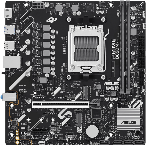 Фото ASUS PRIME B850M-F, AM5, B850, 2*DDR5, 4*SATA, 2*M.2, 4*USB 3.2, 4*USB 2.0, 3*PCIx16, 2*PCIx1, DP+HDMI, mATX; 90MB1N90-M0EAY0