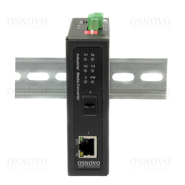 Фото OSNOVO OMC-1000-11X/I Промышленный компактный медиаконвертер Gigabit Ethernet. Порты: 1 x GE (10/100/1000Base-T), 1 x GE SFP (100/1000Base-X). Поддержка режима CCTV: Увеличение расстояния передачи дан