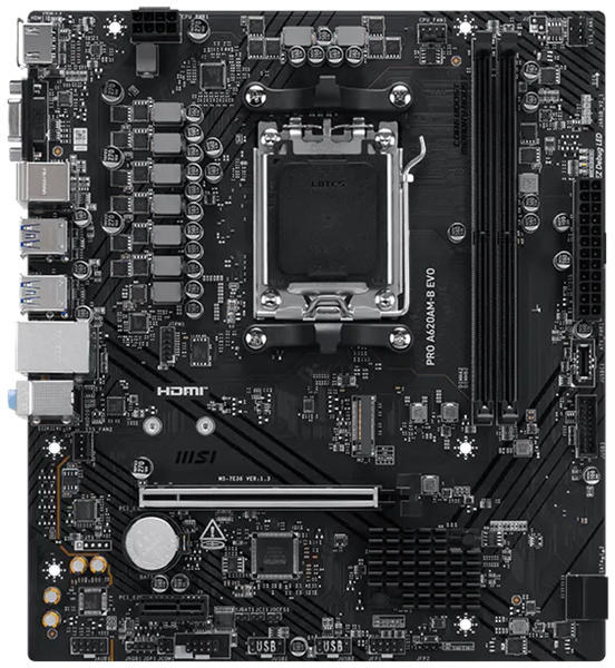 Фото MSI PRO A620AM-B EVO AM5, 2*DDR5, 1*PCIEx16, 1*PCIEx1, 1*M.2, 1*TypeC, 6*USB3.2Gen1, 6*USB2.0, 2*SATA3.0, 2.5G, VGA, HDMI, M-ATX, RTL