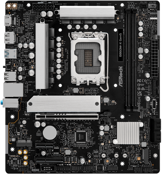 Фото ASROCK B860M-X Gen5, LGA1851, B860, 2*DDR5, 4*SATA, 2*M.2, 3*USB 3.2, 2*USB 2.0, Type-C, 2*PCIx16, 1*M.2 (Key E), HDMI+DP, mATX