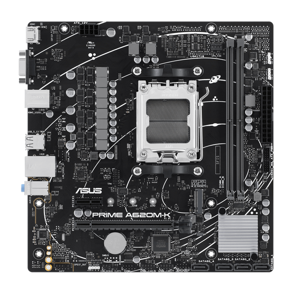 ASUS PRIME A620M-K, AM5, A620, 2*DDR5, 4*SATA, 1*M.2, 4*USB 3.2, 2*USB 2.0, PCIx16, 1*PCIx1, VGA+HDMI, mATX; 90MB1F40-M0EAY0