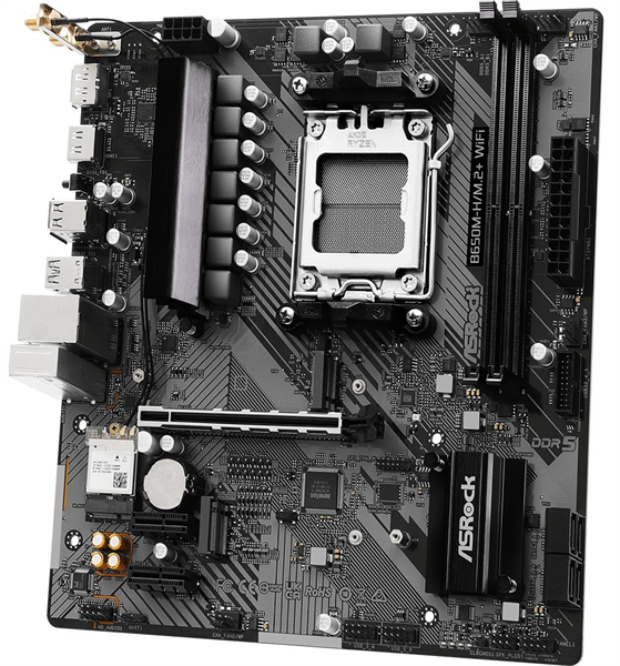 Фото ASROCK B650M-H/M.2+WIFI, AM5, B650, 2*DDR5, 4*SATA, 2*M.2, 3*USB 3.2, 2*USB 2.0, Type-C, 1*PCIx16, 2*PCIx1, 1xM.2 (Key E), HDMI+DP, mATX