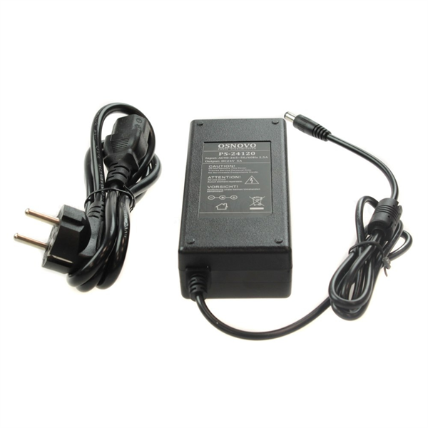 OSNOVO PS-24120 Блок питания (сетевой адаптер) DC24V, 5A (120Вт макс.). Диапазон входных напряжений: AC90-264V. Штекер 2.1x5.5мм. Размеры (ШхВхГ): 60x35x140мм. Рабочая температура: 0...+55гр. С.