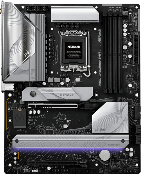 Фото ASROCK B860 LIVEMIXER WIFI, LGA1851, B860, 4*DDR5, 4*SATA, 3*M.2, 6*USB 3.2, 6*USB 2.0, Type-C, 2*PCIx16, 1*M.2 (Key E), HDMI, ATX