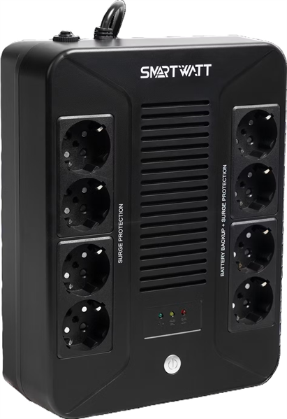 SMARTWATT ИБП линейно-интерактивный, мощность 600/360 ВА/Вт, напольный/настенный, LED индикация, Shuko CEE7/4 - 8 шт. (4 шт. с резервным питанием, 4 шт. - сетевой фильтр), встроенные АКБ (370302027000
