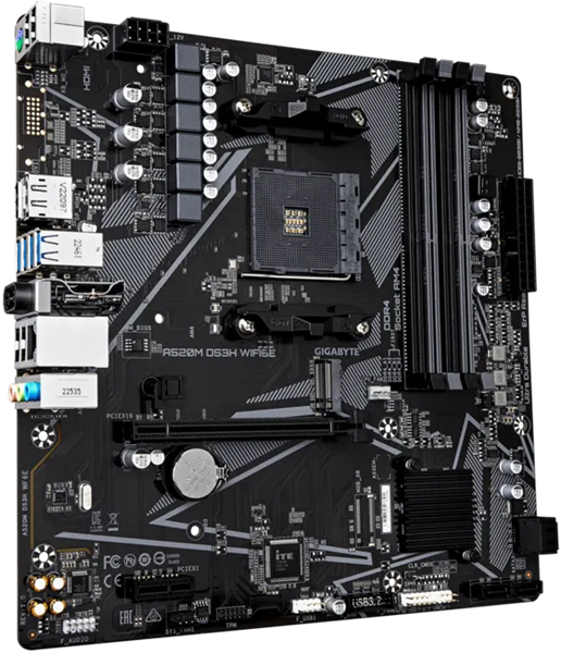 Фото GIGABYTE A520M DS3H WF6E, AM4, A520, 4*DDR4, 4*SATA, 1*M.2, 4*USB 3.2, 2*USB 2.0, 1*PCIx16, 1*PCIx1, DP+HDMI, mATX