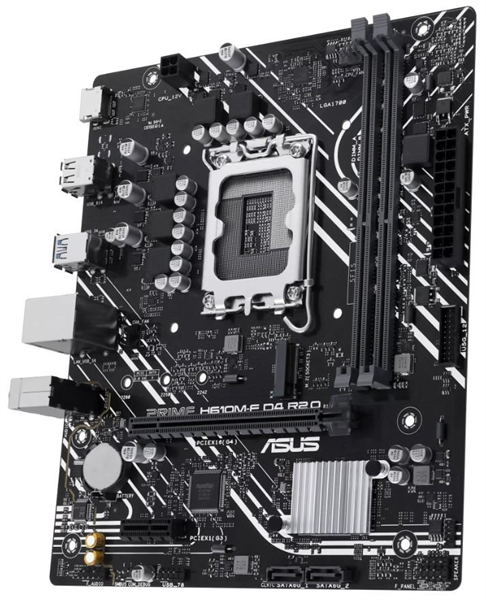Фото ASUS PRIME H610M-F D4 R2.0, LGA1700, H610, 2*DDR4, 2*SATA, 1*M.2, 2*USB 3.2, 4*USB 2.0, 1*PCIx16, 1*PCIx1, HDMI, mATX; 90MB1H70-M0EAY0