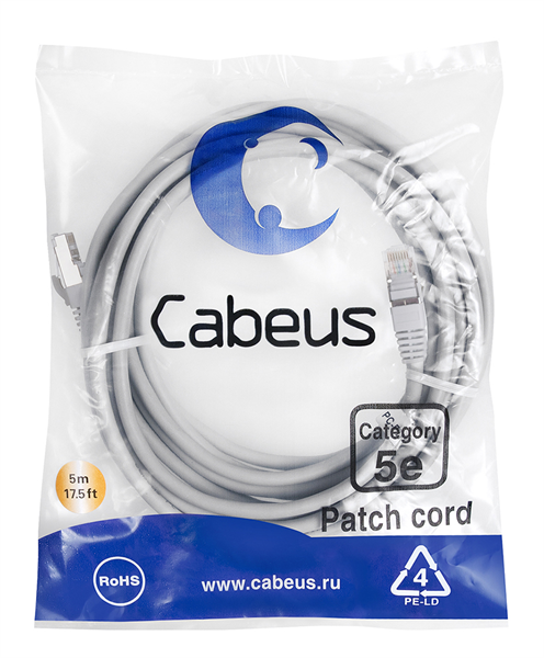 Патч-корд Cabeus PC-FTP-RJ45-Cat.5e-5m FTP, кат. 5е, 5м, экранированный, серый