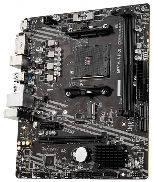 Фото MSI A520M-A PRO Soc-AM4 AMD A520 2xDDR4 mATX AC`97 8ch(7.1) GbLAN RAID+DVI+HDMI
