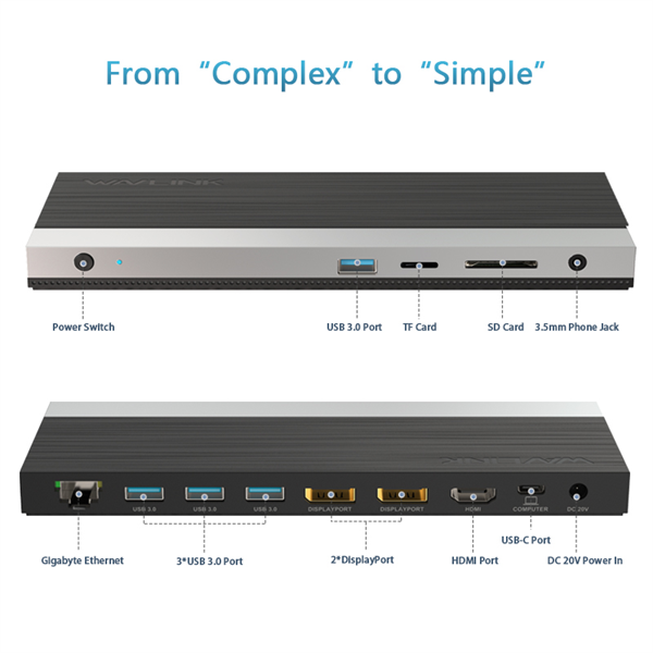 Фото Docking Station WAVLINK USB-C GEN2 4K Universal /100W PowerDelivery Include 20V/6.5A Power Adapter/ 4xUSB3.0/1xUSB C/2xDP 4K 60HZ/1xHDMI 4K 60HZ/1xGigabit LAN/1xAudio In/Out/1xSD/Micro SD CardReader