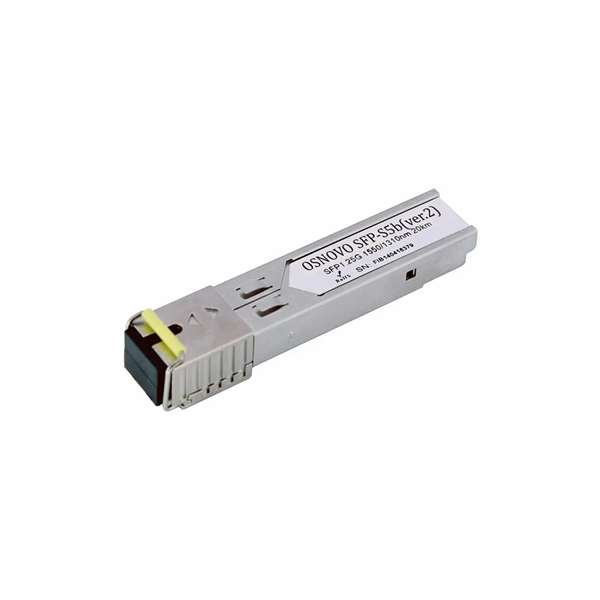 OSNOVO SFP-S5b(ver.2) Оптический SFP модуль. До 1,25Гбит/с. Расстояние передачи по одномодовому волокну до 20км. Тип лазера: DFB. Оптический порт SC tx1550/rx1310нм (WDM). Размеры: 14,3x12,7x63мм. Раб