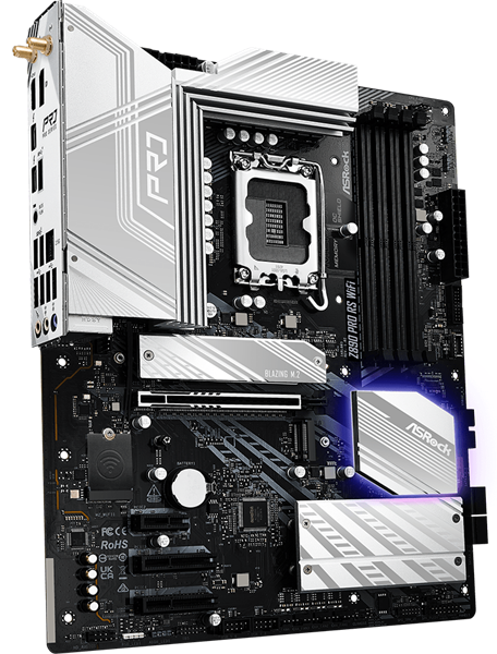 Фото ASROCK Z890 PRO RS WIFI, LGA1851, Z890, 4*DDR5, 4*SATA, 4*M.2, 3*USB 3.2, 4*USB 2.0, 2*Type-C, 1*PCIx16, 2*PCIx4, 1*M.2 (Key E), HDMI+DP, ATX