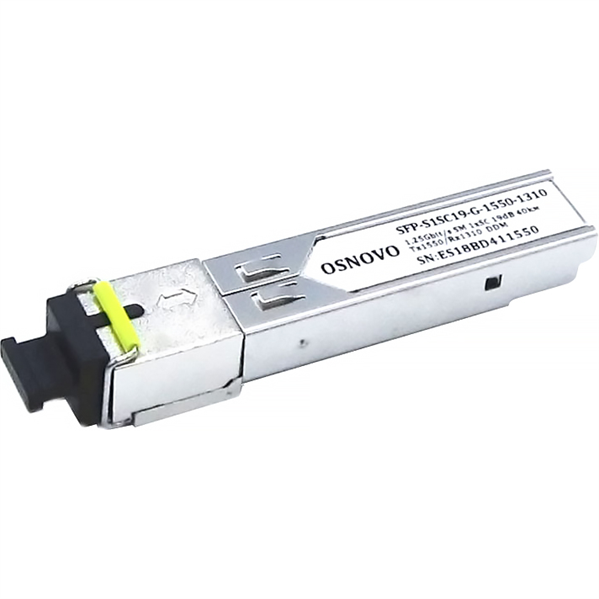 OSNOVO SFP-S1SC19-G-1550-1310 Оптический SFP Модуль. Одно волокно Single Mode. Скорость: до 1,25 Гбит/c. Тип разъема: SC. Оптический бюджет: 19дБ. Расстояние передачи - до 40км. Рабочая длина волны,нм