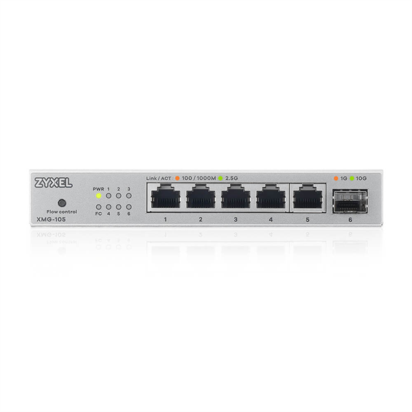 Фото Мультигигабитный коммутатор Zyxel XMG-105, 5xRJ-45: 1/2.5G, 1xSFP+, настольный, бесшумный
