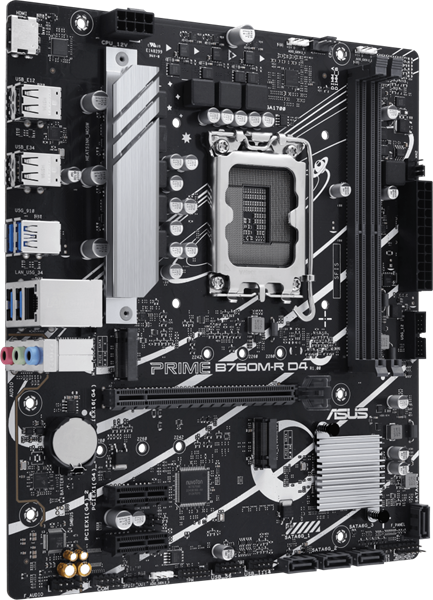 Фото ASUS PRIME B760M-R D4, LGA1700, B760, 2*DDR4, 4*SATA, 2*M.2, 4*USB 3.2, 4*USB 2.0, 1*PCIx16, 2*PCIx1, HDMI, mATX; 90MB1HA0-M0EAY0