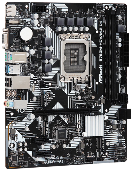 Фото ASROCK B760M-HDV/M.2 D4, LGA1700, B760, 2*DDR4, 4*SATA, 2*M.2, 3*USB 3.2, 2*USB 2.0, Type-C, 1*PCIx16, 2*PCIx1, 1xM.2 (Key E), HDMI+D-Sub+DP, mATX