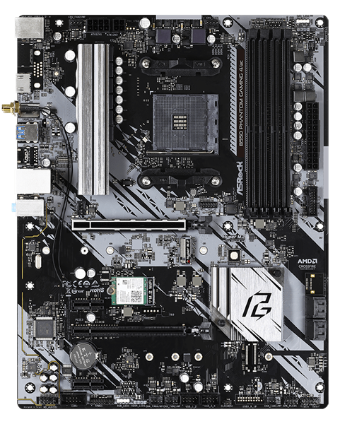 Фото ASROCK B550 PHANTOM GAMING 4/ac, AM4, B550, 4*DDR4, 6*SATA, 2*M.2, 6*USB 3.2, 6*PCIx16, 2*PCIx1, 1*M.2 (Key E), HDMI, ATX