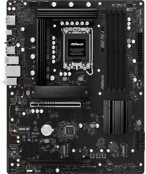 Фото ASROCK B860 PRO-A, LGA1851, B860, 4*DDR5, 4*SATA, 4*M.2, 6*USB 3.2, 2*USB 2.0, Type-C, 2*PCIx16, 1*M.2 (Key E), HDMI+DP, ATX