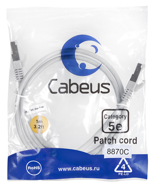  Cabeus PC-FTP-RJ45-Cat.5e-1m-LSZH Патч-корд F/UTP, категория 5е, 2xRJ45/8p8c, экранированный, серый, LSZH, 1м