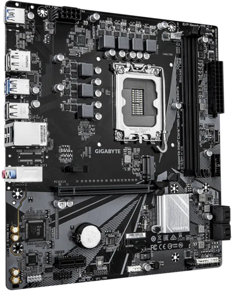 Фото GIGABYTE B760M H V2, LGA1700, B760, 2*DDR5, 4*SATA, 2*M.2, 4*USB 3.2, 2*USB 2.0, 1*PCIx16, 2*PCIx1, D-Sub+HDMI, mATX